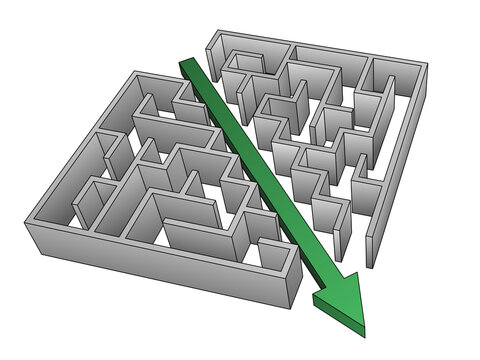 Simple flat design outline diagram of a green arrow piercing through labyrinth on transparent bacground.