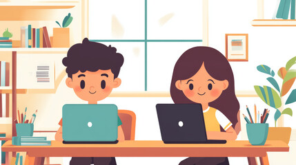 Online education of children on computer through internet web platform. Back to school. Technology remote study or learning of kids. Banner of digital studying. Boy and girl look at webinar on laptop