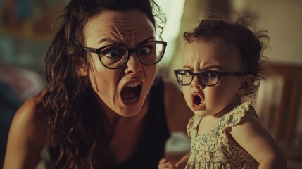 Obraz premium An angry mother scolding her toddler for taking off her glasses