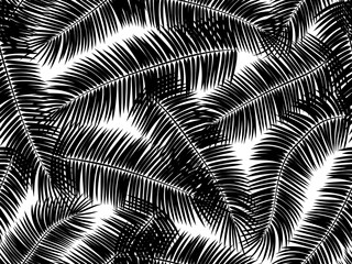 Seamless summer black palm leaves on transparent background.