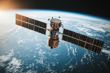 High-tech satellite operates in low Earth orbit, utilizing solar panels to gather data for Earth monitoring and scientific research efforts