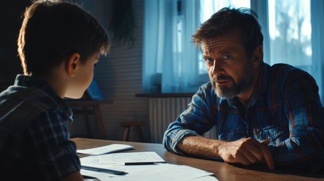 Strict dad scolding son for bad marks at school, parent respect, upbringing