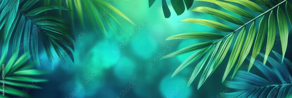 Aufkleber tropical paradise featuring blurred palm leaves in vibrant green and teal tones creating a fresh and