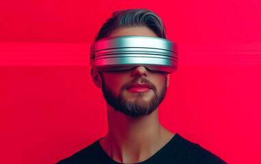 Fototapeta premium Fashion and sci-fi concept. Abstract man studio portrait with make-up and big futuristic metallic glasses or helmet covering her eyes. Model wearing 