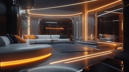 Futuristic Living Room Design: Neon Lights and Modern Furniture
