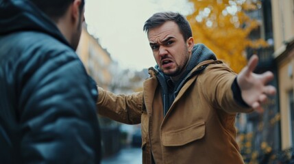 Fototapeta premium Angry man pushing threatening male outdoors solving problem force, aggression