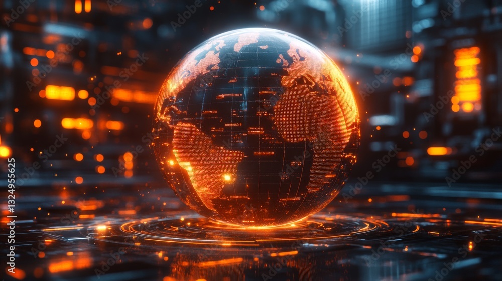 Poster A glowing globe showcases intricate patterns and data points, set against a futuristic city illuminated by orange lights during nighttime. The digital ambiance creates a dynamic atmosphere.
