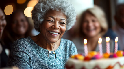 Smiling elderly woman with white hair sits by a lit birthday cake, surrounded by people. Concept of celebration, happiness, aging. For birthday greetings.