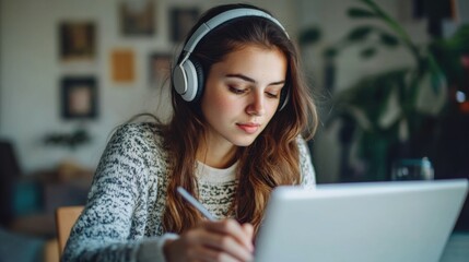 Focused young Caucasian woman in headphones write take notes study learn distant on computer at home. Millennial female in earphones handwrite talk on webcam video call, have zoom class on laptop.