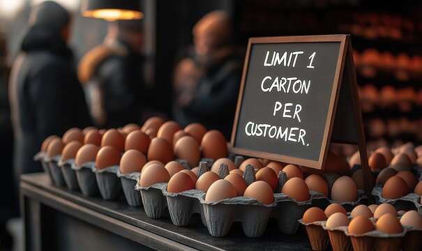 A bustling supermarket stall features handcrafted cartons of eggs with a sign limiting purchases. Shoppers in warm clothing line up, contributing to the lively market atmosphere