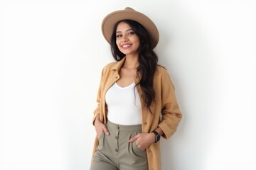 Half-Length (Waist-Up) portrait of young stylish smiling Indian female model in retro wear isolated on pure white background looking at camera