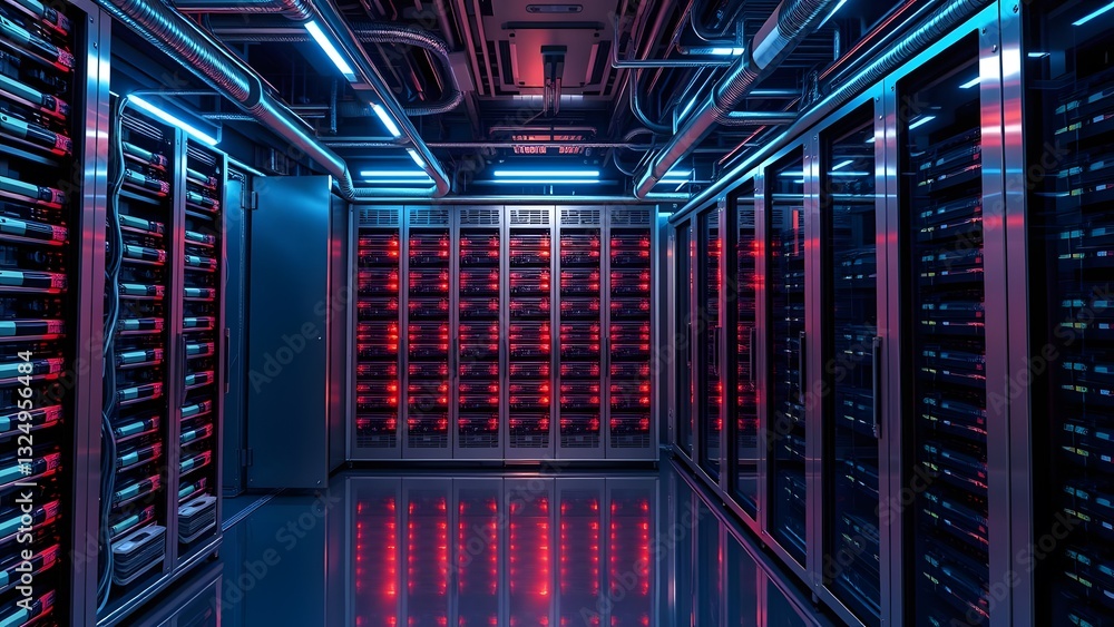 Aufkleber futuristic data center with advanced servers illuminated by blue and red lights.