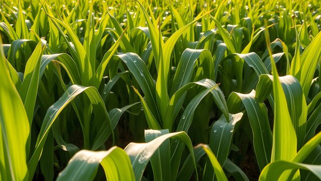 Vibrant cornfield showcasing healthy green plants under sunlight.   - Powered by Adobe