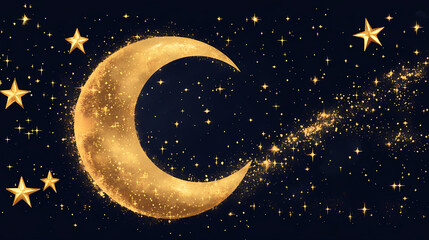 Naklejka premium Golden crescent moon and stars: a nighttime celestial symbol. Astral Luster. Illustration