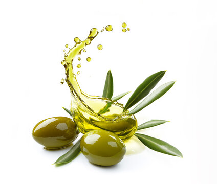 Green olives with twigs in olive oil splashes isolated on white background.
