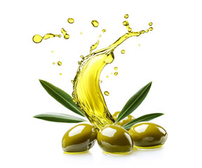 Green olives with twigs in olive oil splashes isolated on white background.