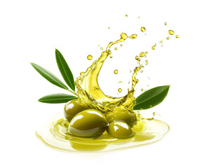 Green olives with twigs in olive oil splashes isolated on white background.