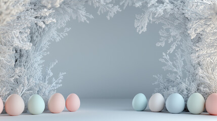 soft light blue easter background with white branches and pastel-colored decorated eggs arranged on sides, empty space in center for text. concept of greeting cards, holiday marketing, digital design