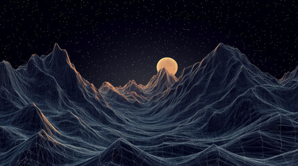 Abstract mountain range against the background of the night starry sky. Digital mountain landscapes consist of connected dots, lines, polygons, and grids. Low poly wireframe vector illustration.