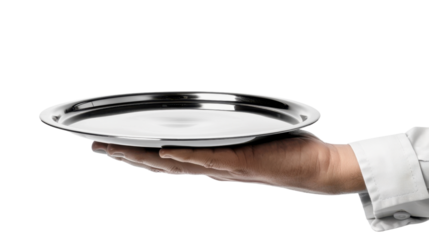 Waiter holding empty silver tray on transparent background