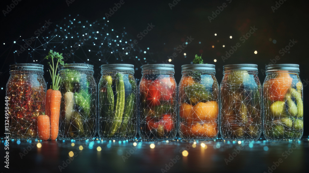 Poster jars of pickled veg low poly wireframe. vector polygonal image in the form of a starry sky or space,