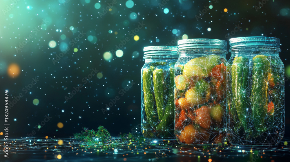 Poster jars of pickled veg low poly wireframe. vector polygonal image in the form of a starry sky or space,