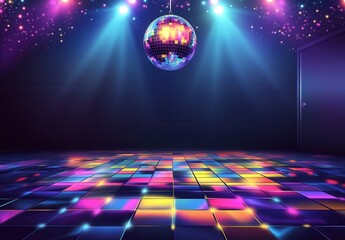 Disco ball hanging over empty colorful dance floor reflecting stage lights