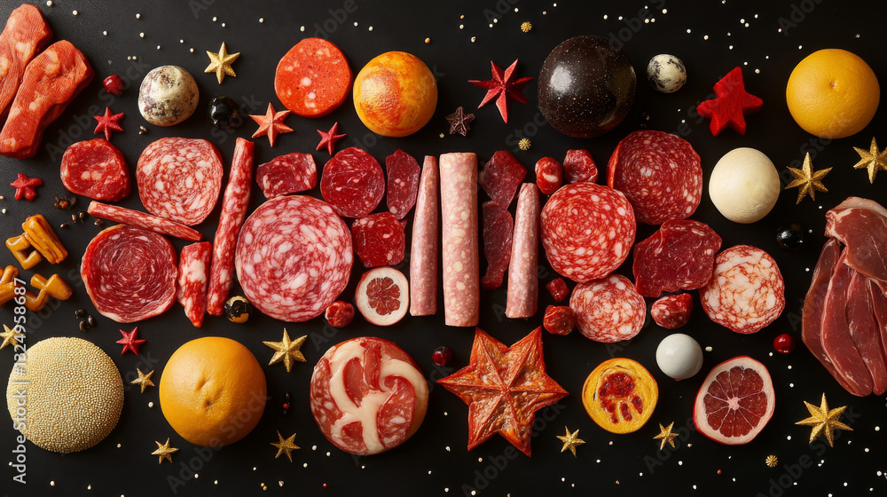 Poster abstract image of a selection of rocessed meat in the form of a starry sky or space, consisting of p
