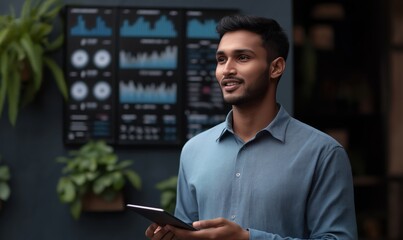 A confident young project manager shares a marketing report on a tablet while laughing and engaging with the audience