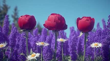 Obraz premium Red Peonies Bloom in Lavender Field.