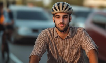 A young man rides his bicycle in a city bike lane, surrounded by cars and pedestrians during early morning light