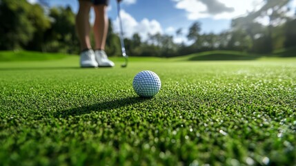 A detailed shot of a focused golfer preparing to swing the club, the golf ball placed perfectly on the grass, the lush green surroundings and clear blue sky adding to the realistic atmosphere