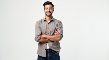 handsome man wearing button down shirt smiling modeling with arms crossed in front of white background