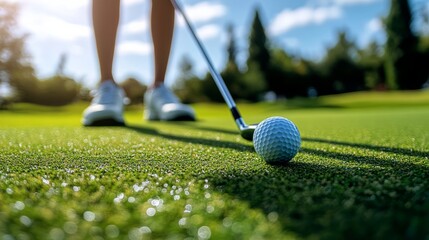 A detailed shot of a focused golfer preparing to swing the club, the golf ball placed perfectly on the grass, the lush green surroundings and clear blue sky adding to the realistic atmosphere