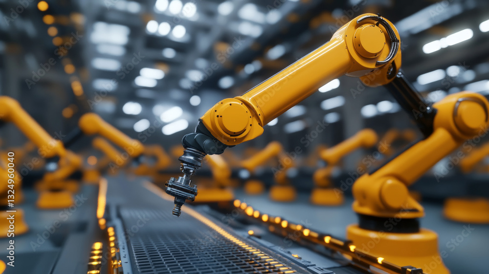 Poster automated orange robotic arms or industry 3d manipulator positioner isolated on white background. hy