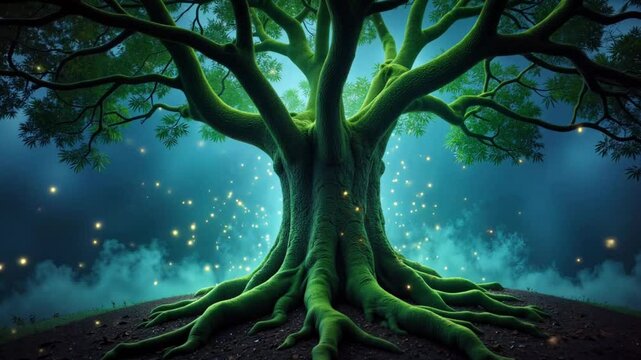 Enchanted tree radiating mystical energy with glowing roots, magic