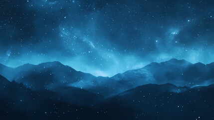 Fototapeta premium A double exposure of a landscape and a starry sky in deep blue tones with copy space is shown. Astral Luster. Illustration