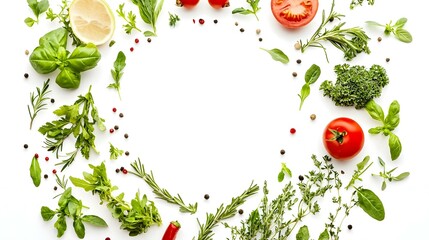 Fresh Herbs and Vegetables Frame Isolated on White Background