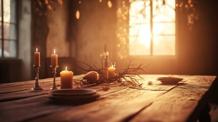 Warm Dining Room with Wooden Table and Ambient Light