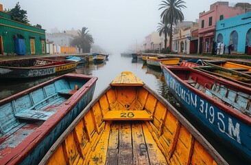 Boats line the canal in colorful North African city on a foggy day, showcasing the vibrant buildings and palm trees