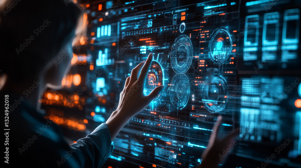Poster scientist work with futuristic holographic hud interface. user hands controls abstract tech elements