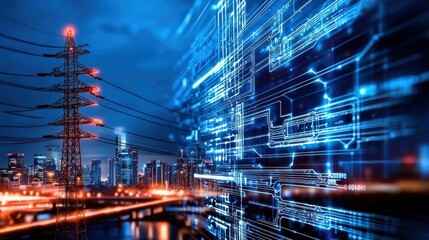Nighttime cityscape futuristic tech and intelligent energy grids