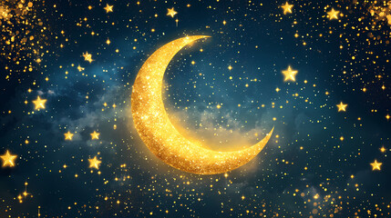 Naklejka premium Celestial night: golden crescent moon and sparkling stars. Astral Luster. Illustration