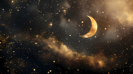 Naklejka premium Celestial night: golden moons and sparkling stars. Astral Luster. Illustration