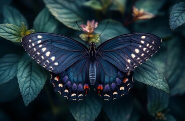 Butterfly rests with open wings on green leaves in nature, colorful illustration of insect with polka dots and vibrant colors