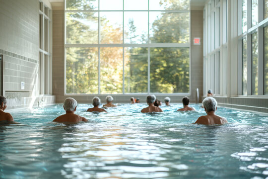 Senior individuals with gray hair participate in water exercises in an indoor pool with large windows. Concept of elder community fitness. For promoting aquatic exercise.