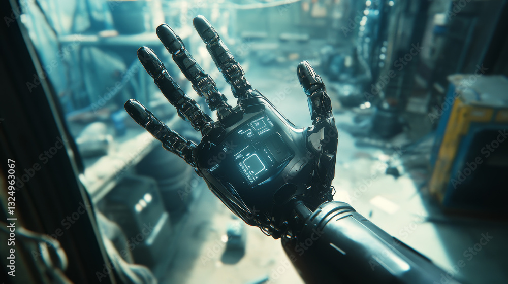 Aufkleber virtual and augmented reality in the first person. human hand in virtual reality like a robot. techn