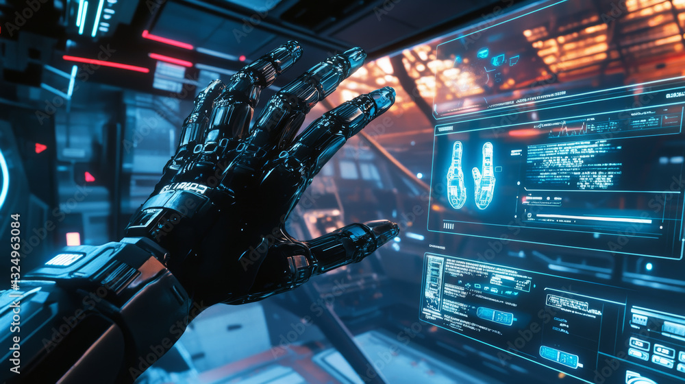 Poster virtual and augmented reality in the first person. human hand in virtual reality like a robot. techn