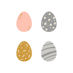Set of four easter eggs in cute doodle style. Collection of holiday elements in pastel colours