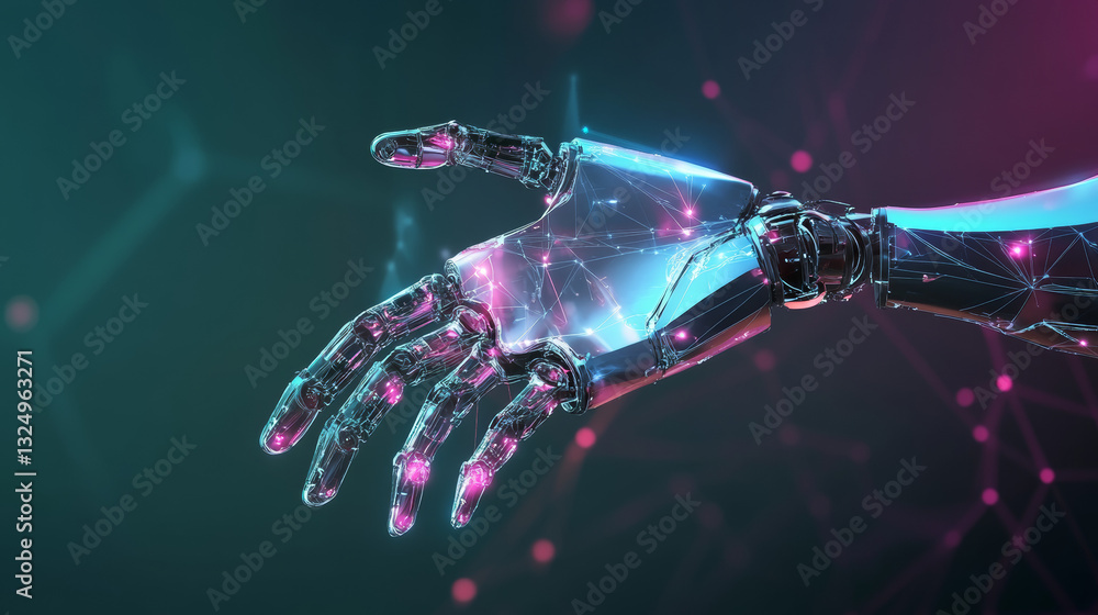 Poster virtual and augmented reality in the first person. human hand in virtual reality like a robot. techn